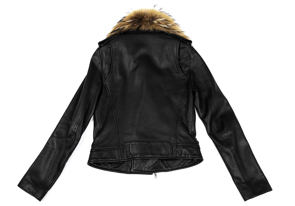THYSKEN'S THEORY. Raccoon Fur Collar Black LambskinLeather Biker Jacket / Evening Jacket.   MANY MORE FURS AND FAUX FURS IN STORE NOW