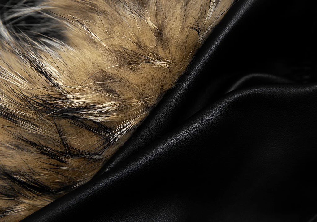 THYSKEN'S THEORY. Raccoon Fur Collar Black LambskinLeather Biker Jacket / Evening Jacket.   MANY MORE FURS AND FAUX FURS IN STORE NOW