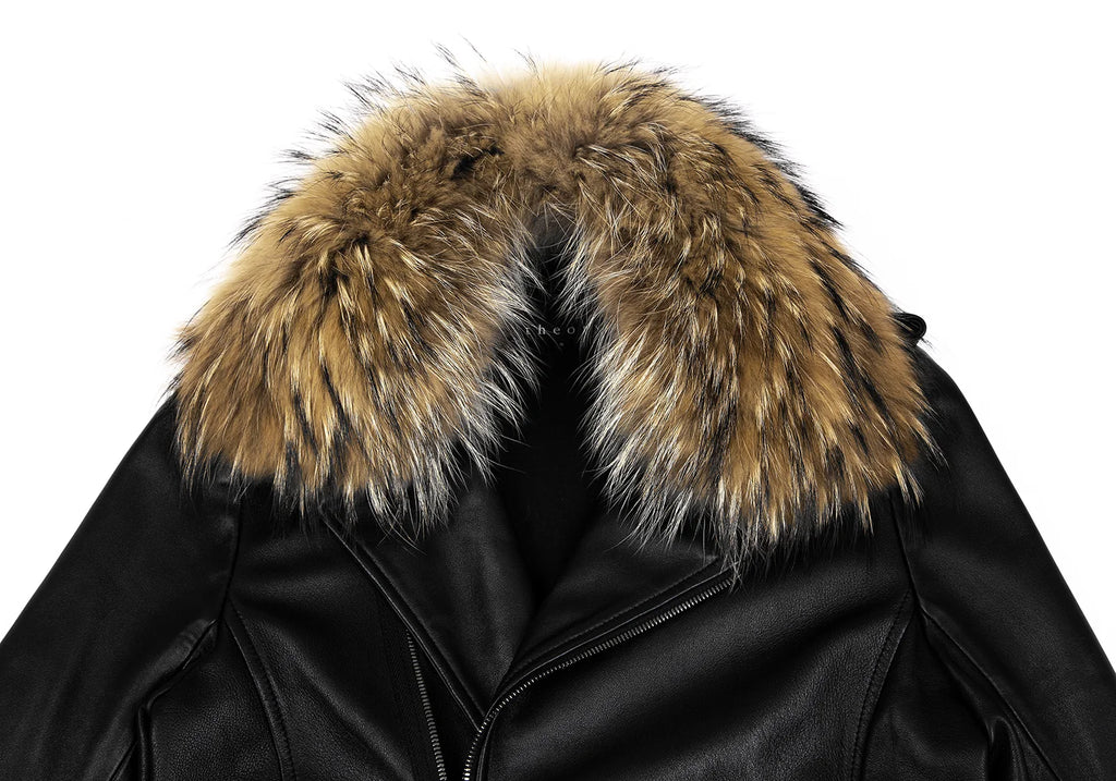 THYSKEN'S THEORY. Raccoon Fur Collar Black LambskinLeather Biker Jacket / Evening Jacket.   MANY MORE FURS AND FAUX FURS IN STORE NOW