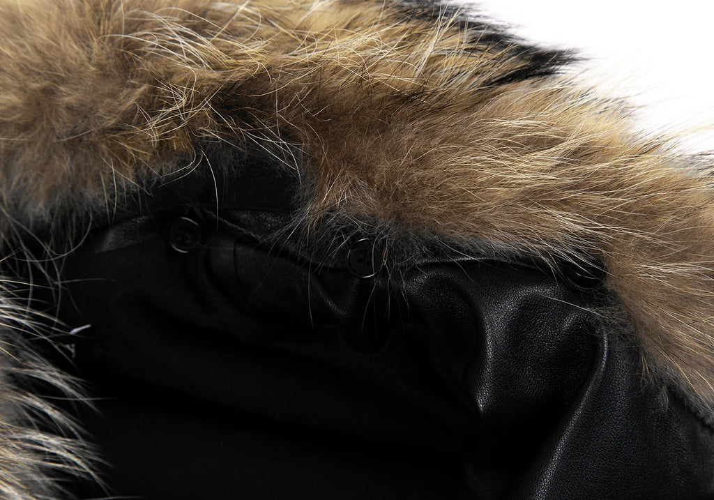 THYSKEN'S THEORY. Raccoon Fur Collar Black LambskinLeather Biker Jacket / Evening Jacket.   MANY MORE FURS AND FAUX FURS IN STORE NOW