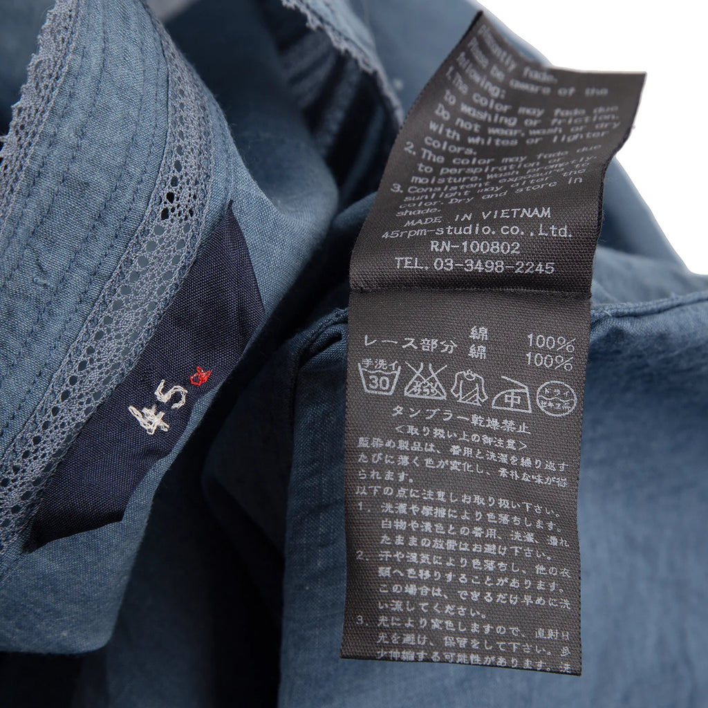 45rpm 45R JAPAN. Indigo Dyed Lace Striped Cotton Long Sleeve Shirt