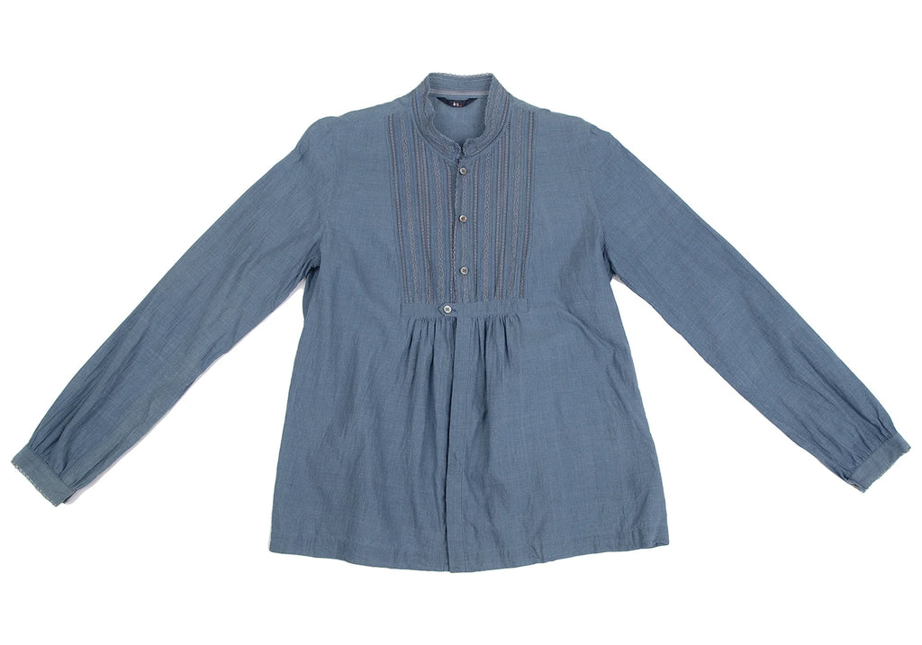 45rpm 45R JAPAN. Indigo Dyed Lace Striped Cotton Long Sleeve Shirt