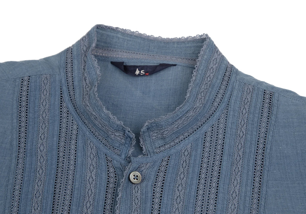 45rpm 45R JAPAN. Indigo Dyed Lace Striped Cotton Long Sleeve Shirt