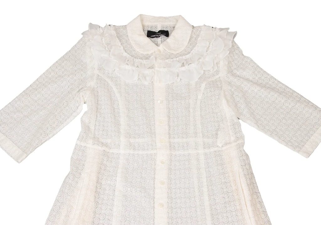 COMME des GARCONS JAPAN. TRICOT. Vintage White Frill Round Collar Sheer Shirt Dress