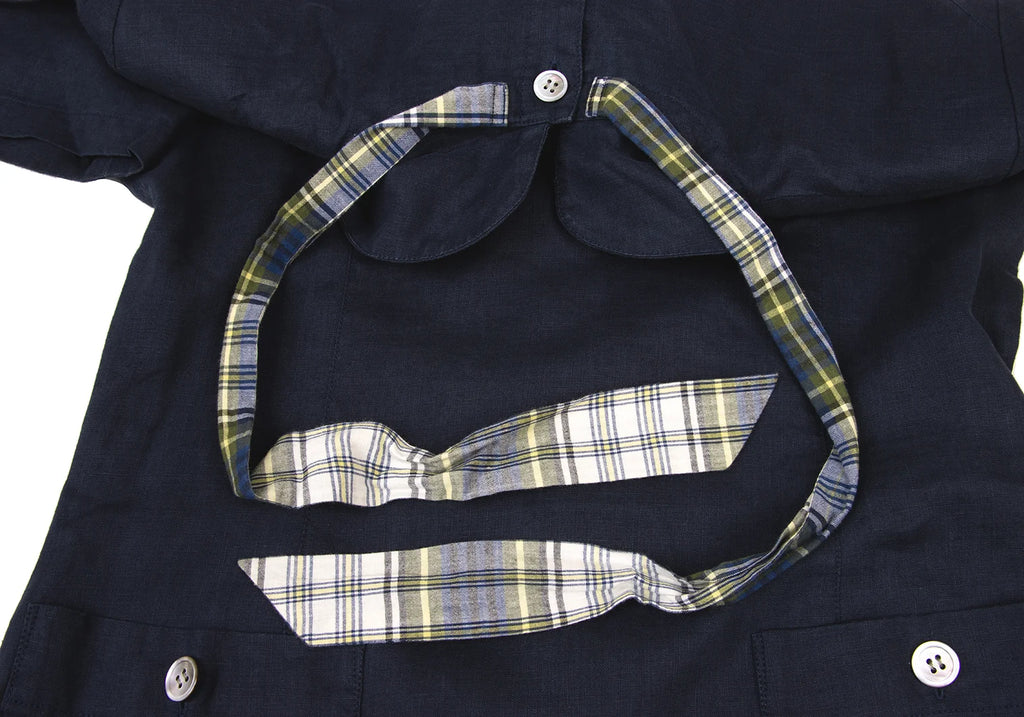 Mademoiselle NON NON Japan. Navy Back Button Short Sleeves Linen Dress