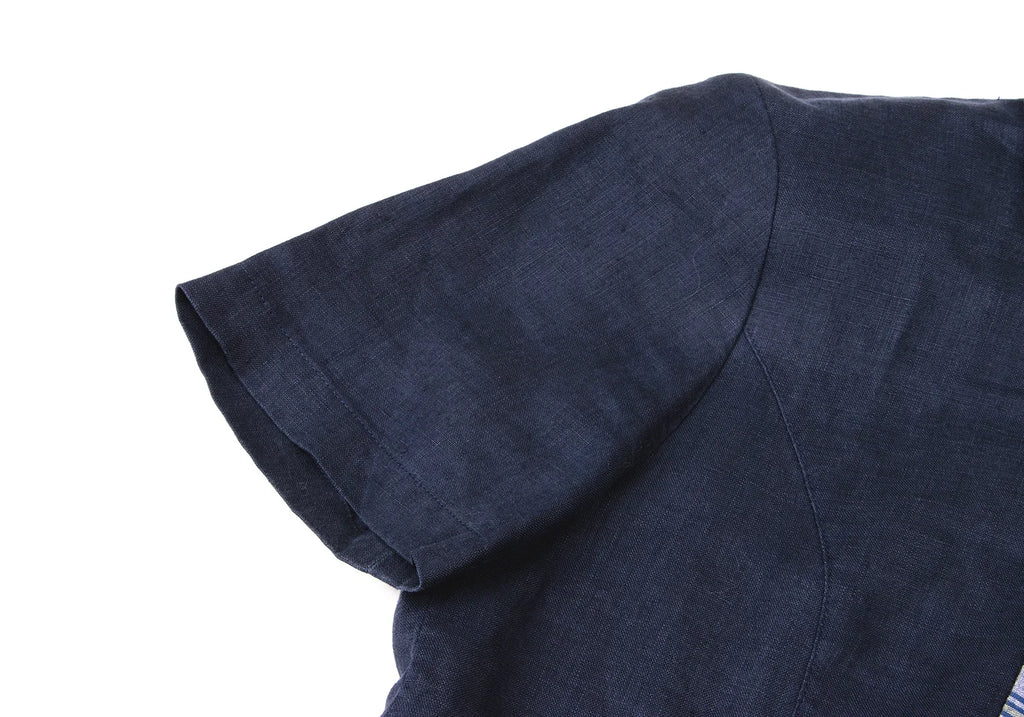 Mademoiselle NON NON Japan. Navy Back Button Short Sleeves Linen Dress