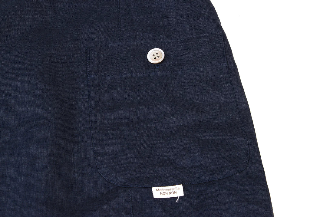 Mademoiselle NON NON Japan. Navy Back Button Short Sleeves Linen Dress