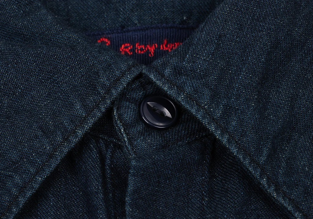 R by 45rpm JAPAN. Indigo Dyed Metallic Button 3/4 Sleeve Blouse