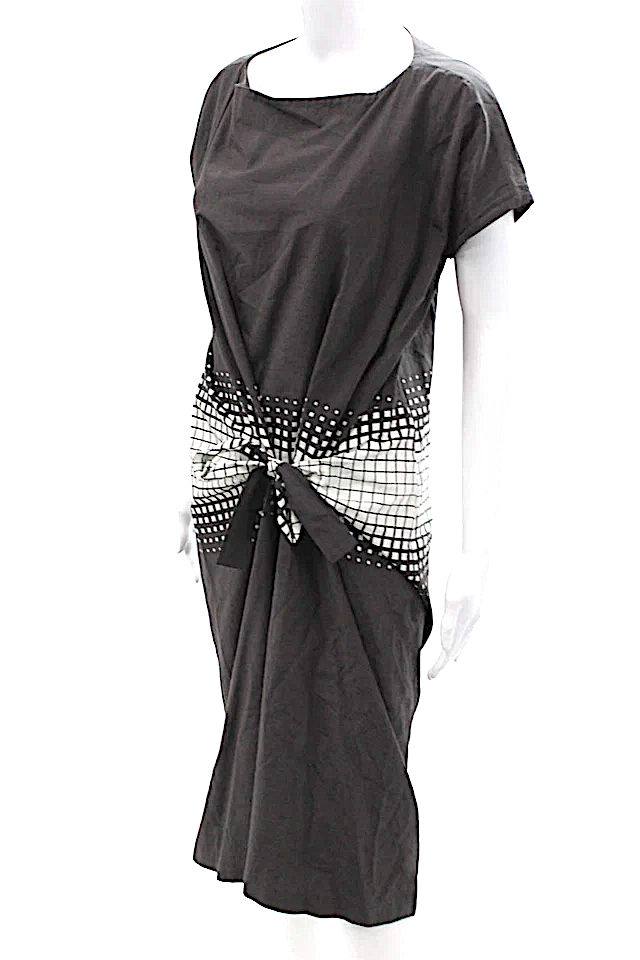 Dries Van Noten Belgium. Black Silk Geometric Shift Dress Tie Waist