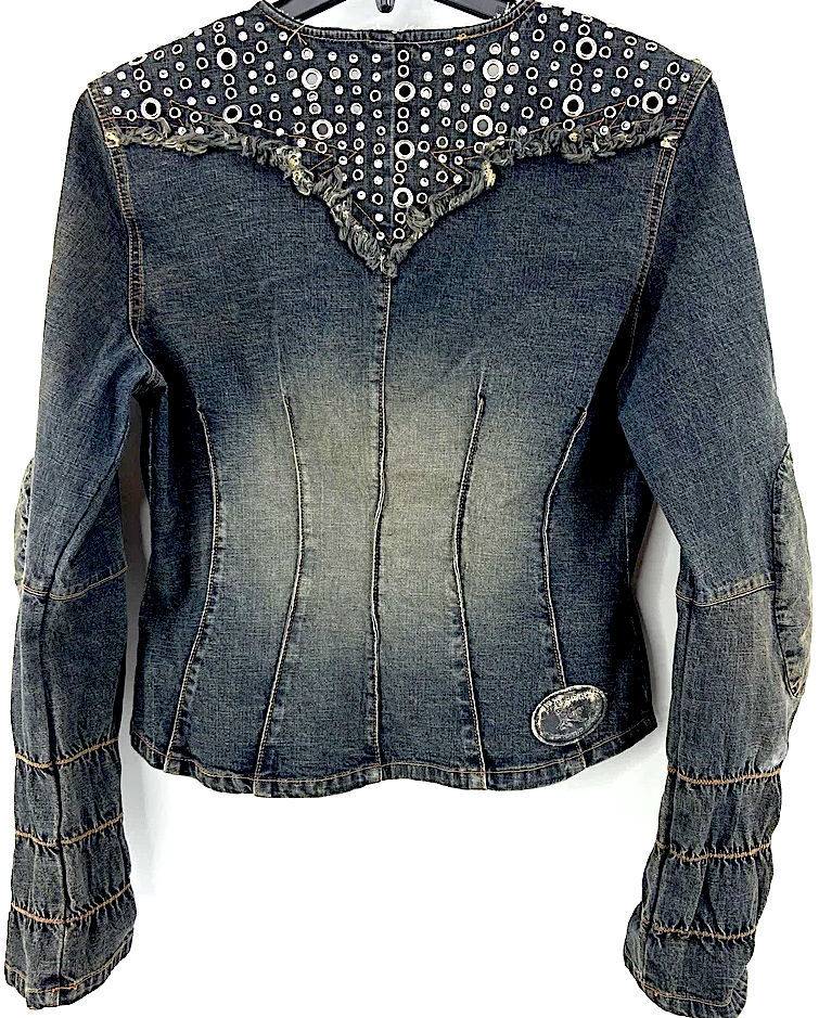 Parasuco Milan/Montreal. Distressed Blue Denim Jean Jacket w/embellishments