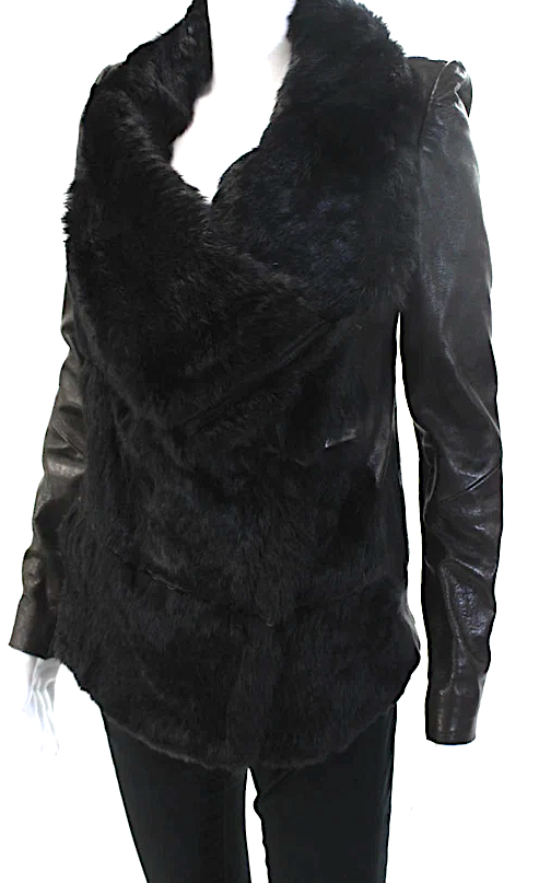 Helmut Lang NYC. Black Lapin Rabbit Fur Long Sleeve Leather Jacket