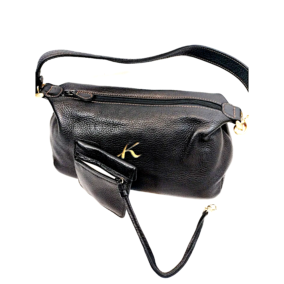 Kitamura Yokohama JAPAN. Black Pebbled Leather Shoulder Bag with Pouch Gold Logo K