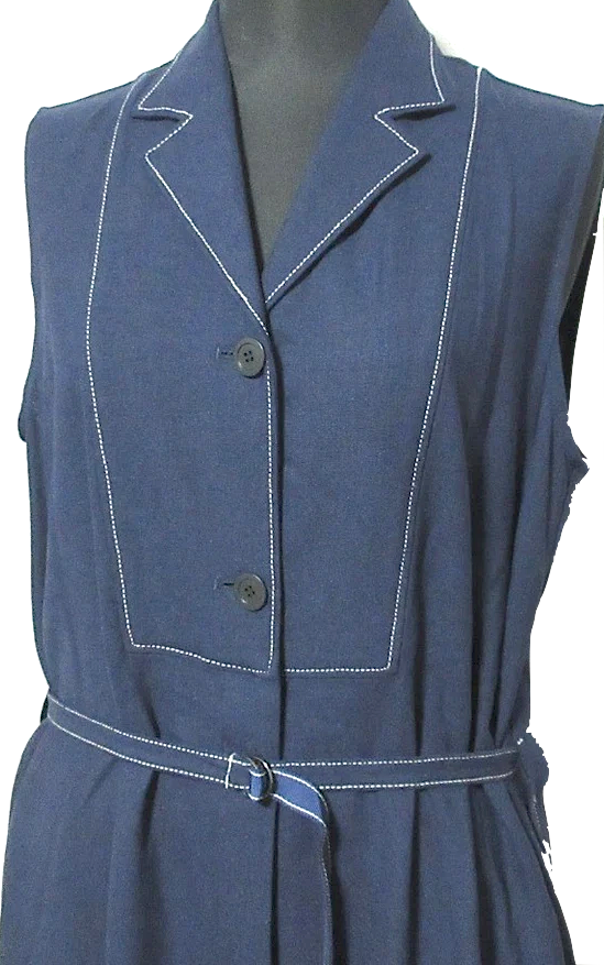 GEORGES RECH PARIS. Vintage Luxury Navy Linen Blend Long Gilet Dress