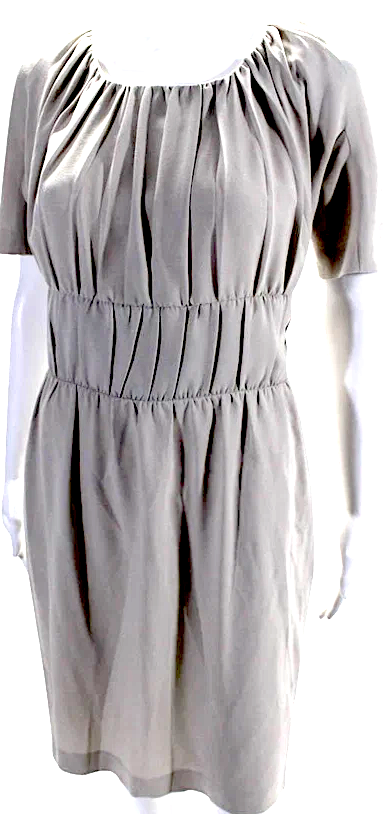Jil Sander Beige Pleated Round Neck Short Sleeve Zip Up Dress