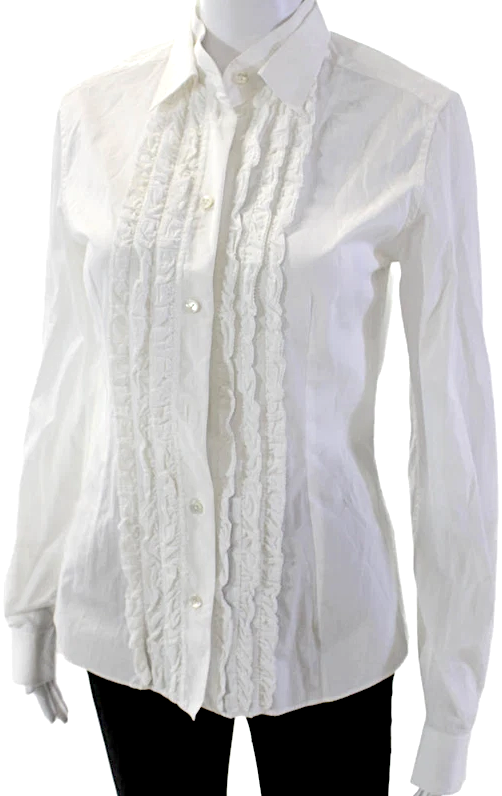 Dolce & Gabbana Italy. White Cotton Blend Collar Ruffle Detail Button Front Blouse