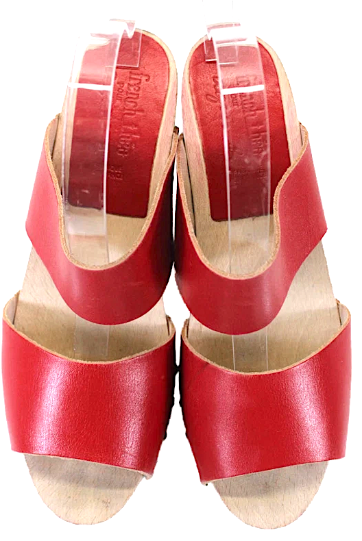 French Theo For Agnes B Paris. Red Leather Block Heel Slide Sandals  Size 39.5