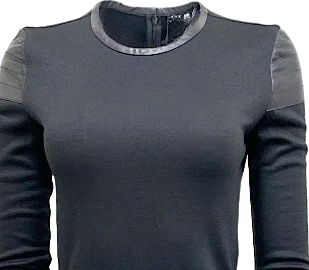 BLK DNM Stockholm/NYC. NEW W/TAG.  Black Virgin Wool Blend Long Sleeve Leather Trim Dress