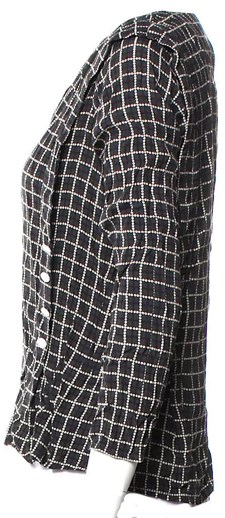 Maison Kitsuné Paris. Black Viscose Windowpane Printed V-Neck Blouse