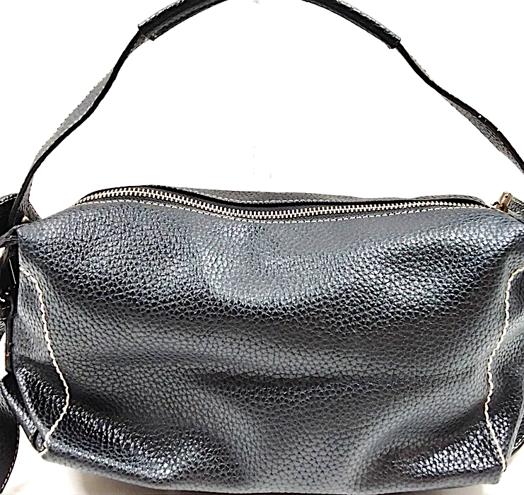 FERRAGAMO ITALY. Black Pebbled Leather Long Strap Shoulder Bag