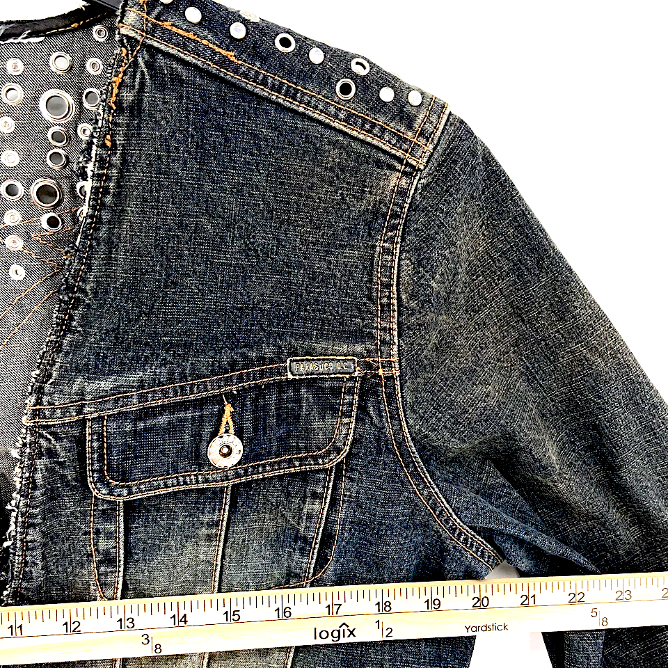 Parasuco Milan/Montreal. Distressed Blue Denim Jean Jacket w/embellishments