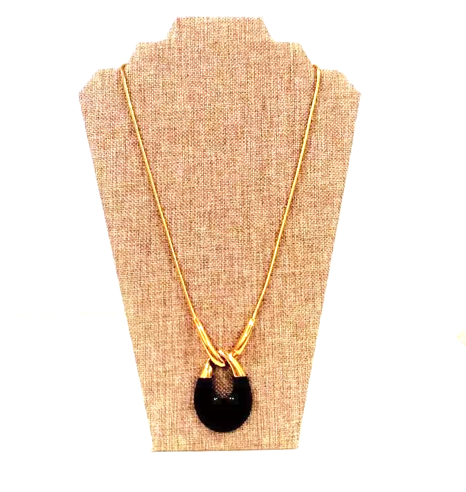 Vintage  Goldplated Signed Crown Trifari Black Lucite Teardrop Pendant Necklace