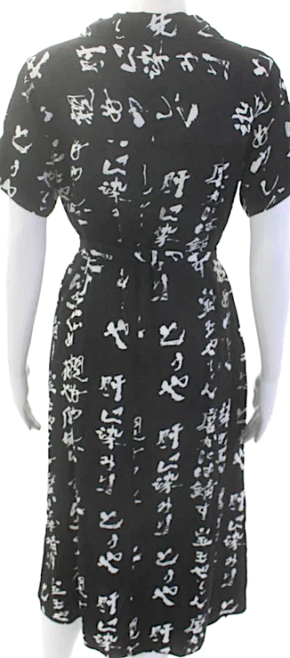 Aloha Blossom (Japan). Opening Ceremony NYC. Vintage Black / White Asian Graffiti Print Short Sleeves Button Down Midi Dress