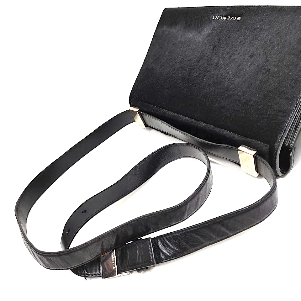 Givenchy Paris. Black Pony Hair Flap  Black Leather Shoulder Bag