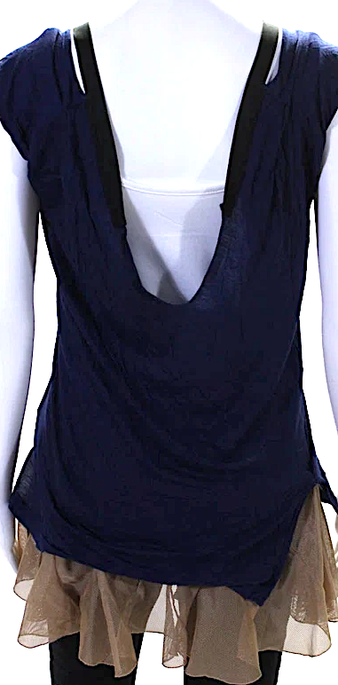 Toga Pulla Archives Japan. Blue/Beige  Off Shoulder Mesh Trim Blouse