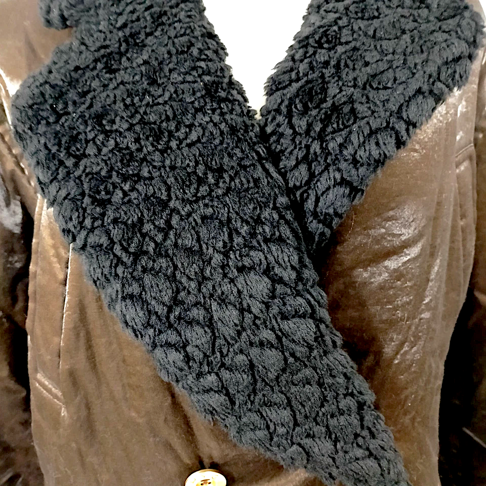 Givenchy Paris. Vintage Brown Rayon.Nylon Coat w/Black Faux Fur Accents.     MANY MORE FURS AND FAUX FUR IN STORE NOW