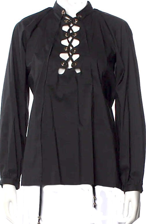 Gucci Italy. Black Pleated Accent Tie Front Long Sleeve Blouse