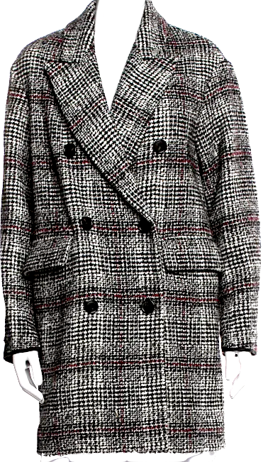 Isabel Marant Paris. Black/Gray Virgin Wool Plaid Print Coat