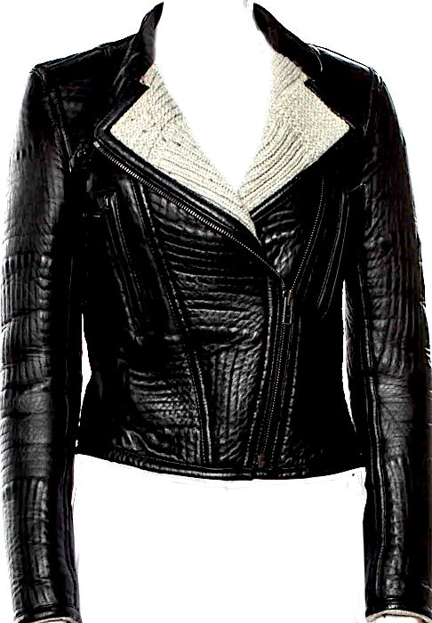 Joseph LONDON. Black Leather Colorblock Pattern Biker Jacket