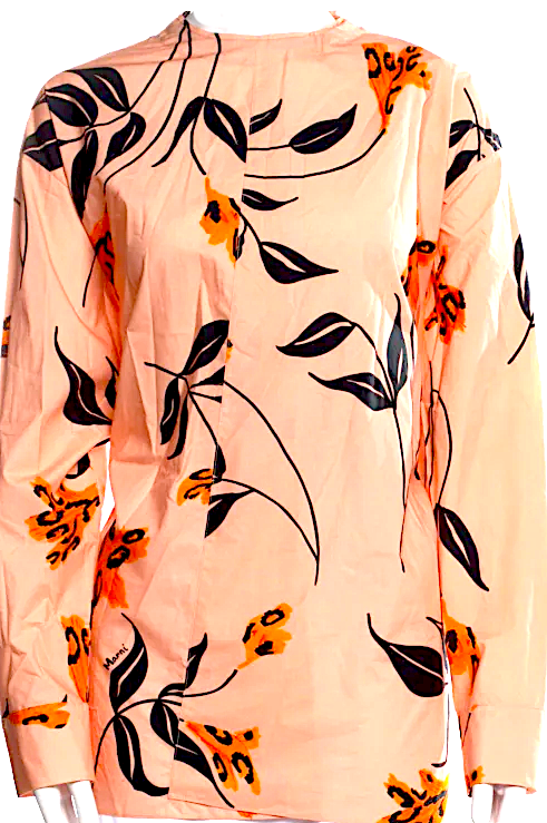 Marni Italy. Floral Print Coral Collar Cowl Neck Blouse
