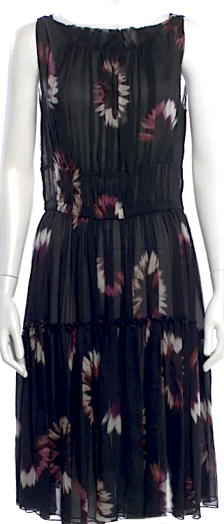 Nina Ricci Paris. Black Floral Print Knee-Length Dress