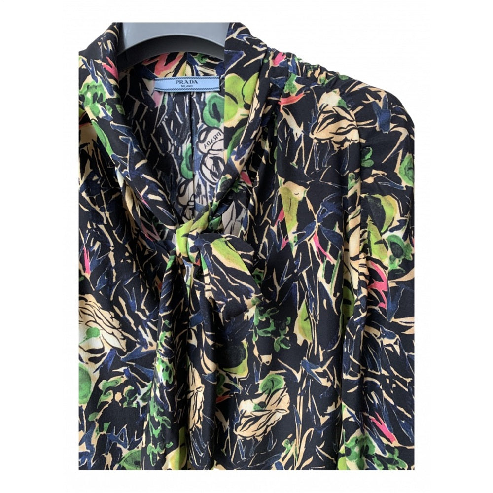Prada ITALY. Vintage Green, Black Tie Front Abstract Floral Design Top