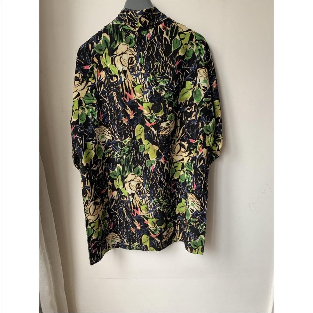 Prada ITALY. Vintage Green, Black Tie Front Abstract Floral Design Top