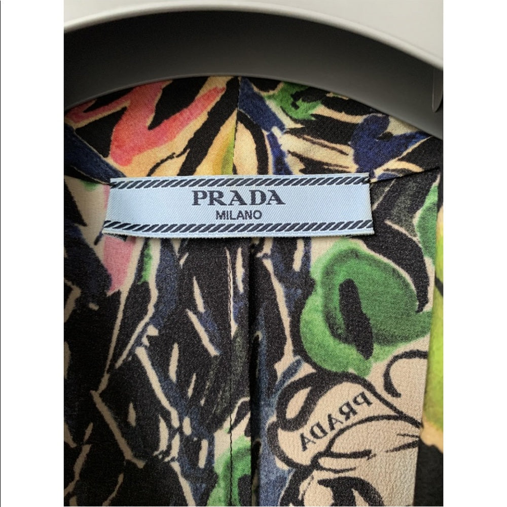 Prada ITALY. Vintage Green, Black Tie Front Abstract Floral Design Top
