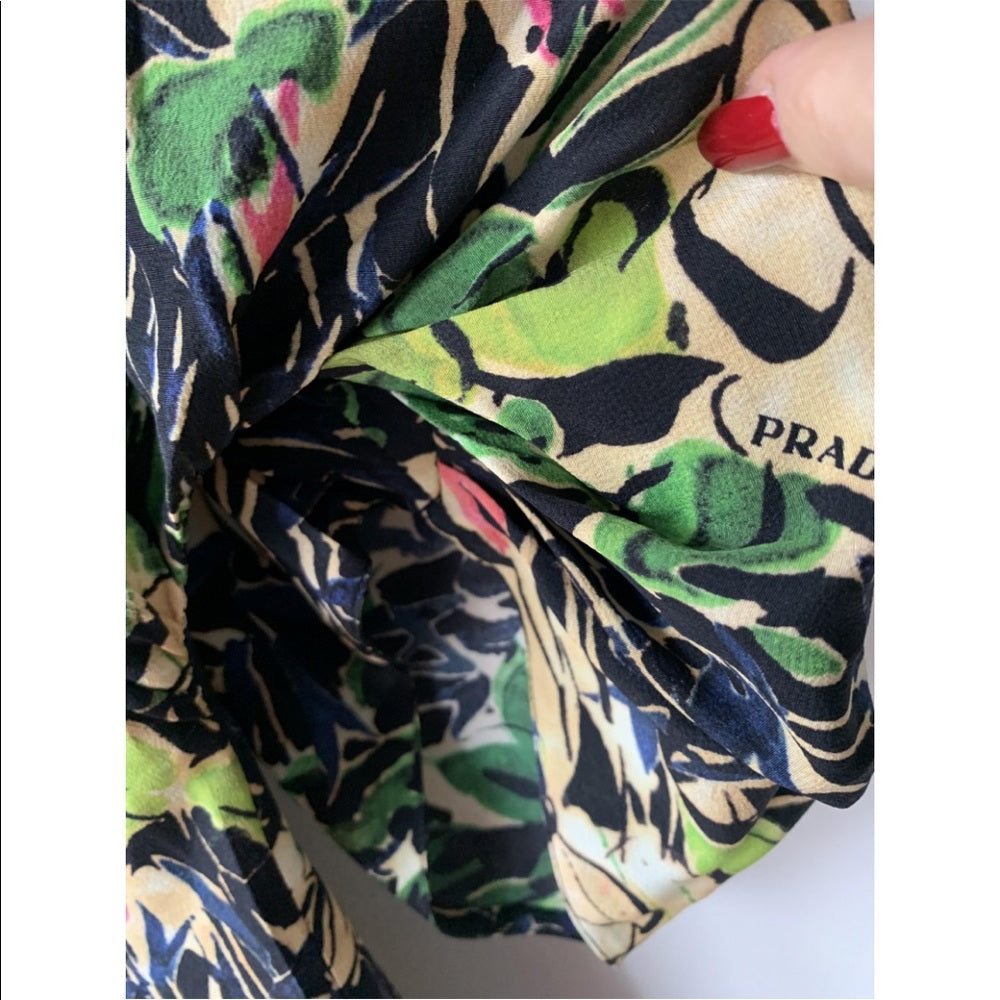 Prada ITALY. Vintage Green, Black Tie Front Abstract Floral Design Top