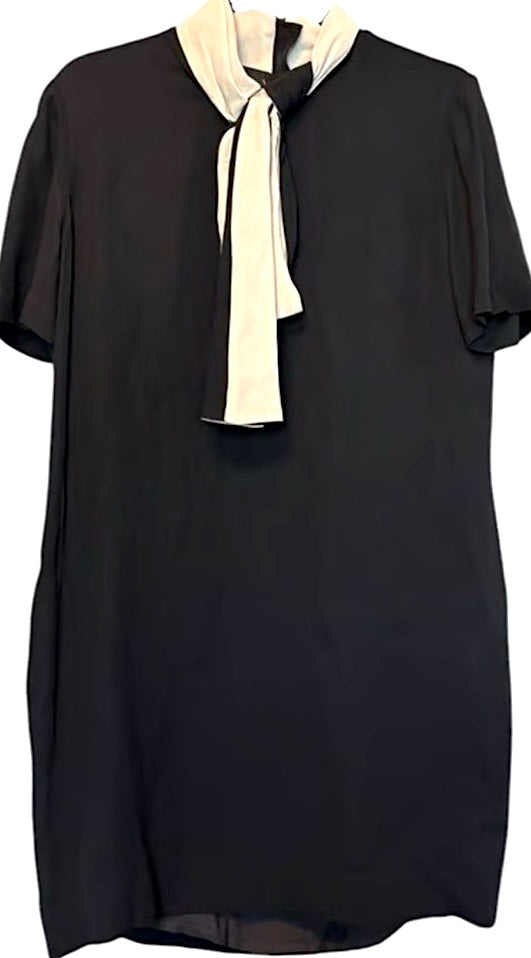 Lanvin PARIS. Black Sheath Dress with White Tie Scarf