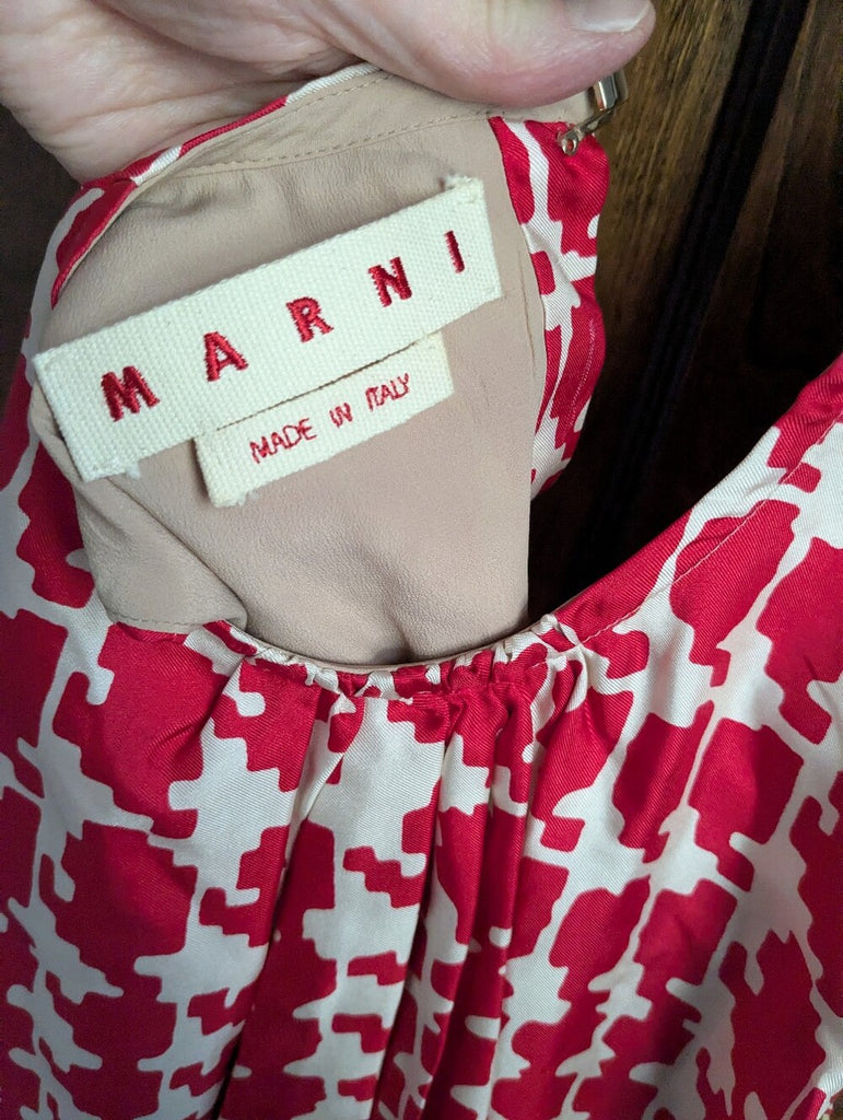 Marni Italy. Red and White Silk Sleeveless Blouse with Black Hem