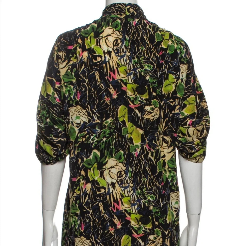 Prada ITALY. Vintage Green, Black Tie Front Abstract Floral Design Top