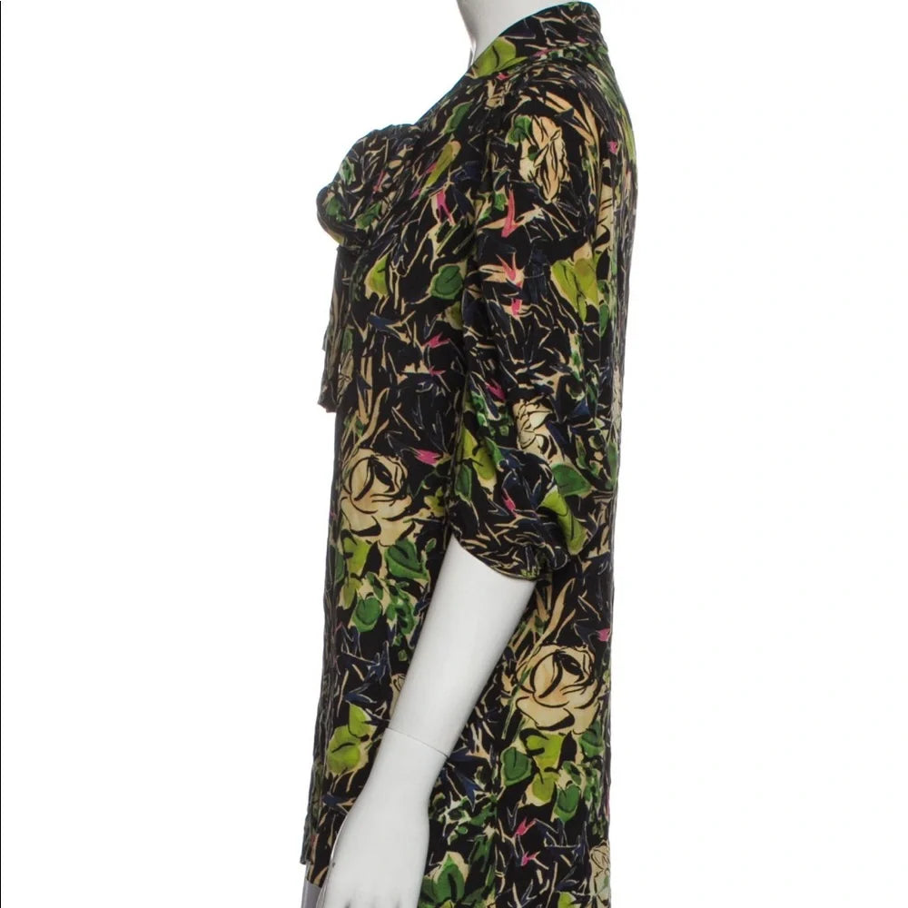 Prada ITALY. Vintage Green, Black Tie Front Abstract Floral Design Top