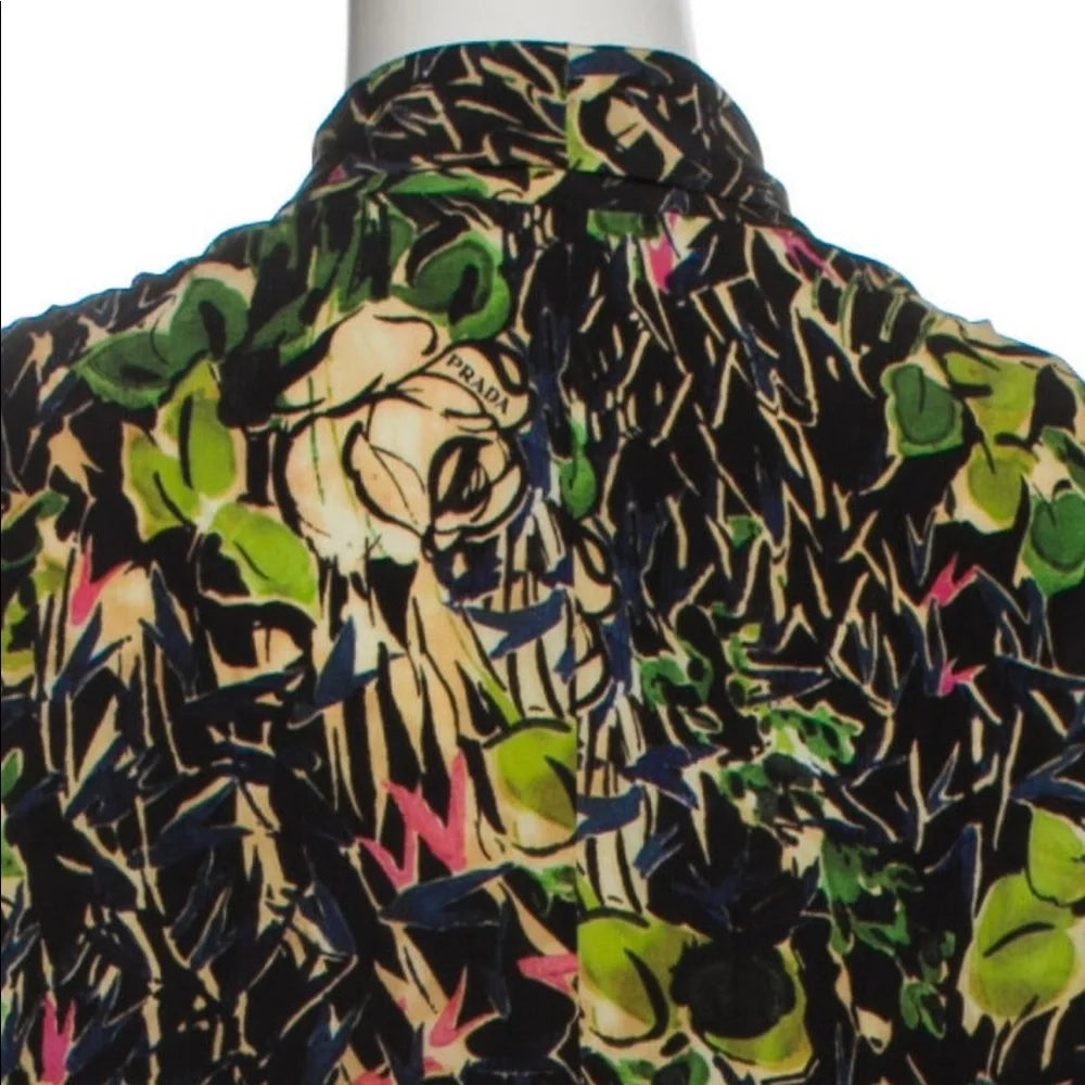 Prada ITALY. Vintage Green, Black Tie Front Abstract Floral Design Top