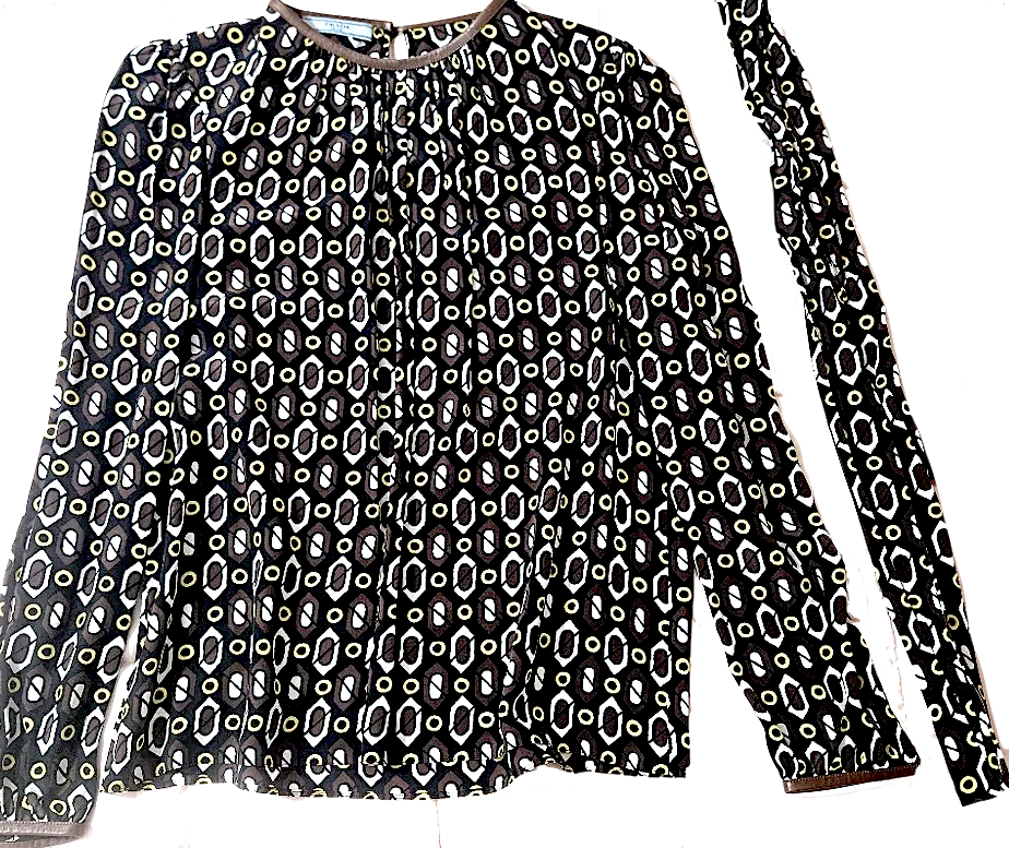 Prada Italy. Vintage Yellow, Brown, Black Geometric Print Classic Blouse