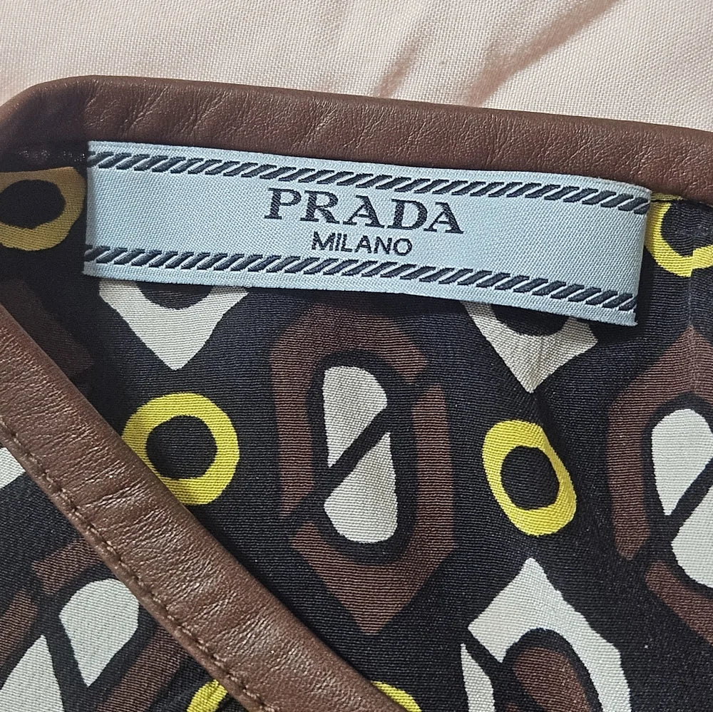 Prada Italy. Vintage Yellow, Brown, Black Geometric Print Classic Blouse