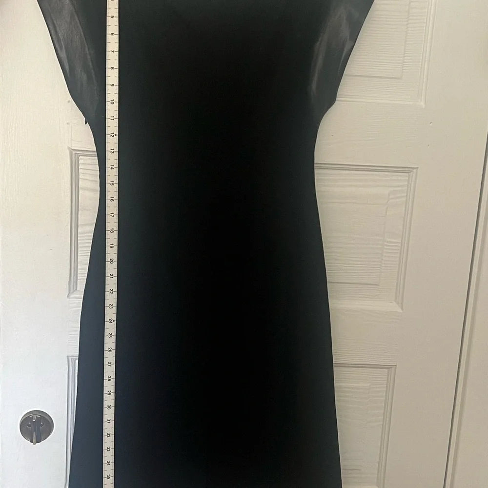 Prada ITALY.  Black Midi Dress with Leather Detail