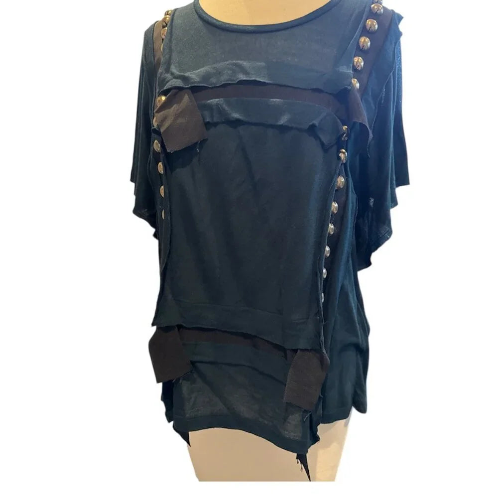 Lanvin Paris. Blue with Black & Gold Grommet Accents Short Sleeve Shirt
