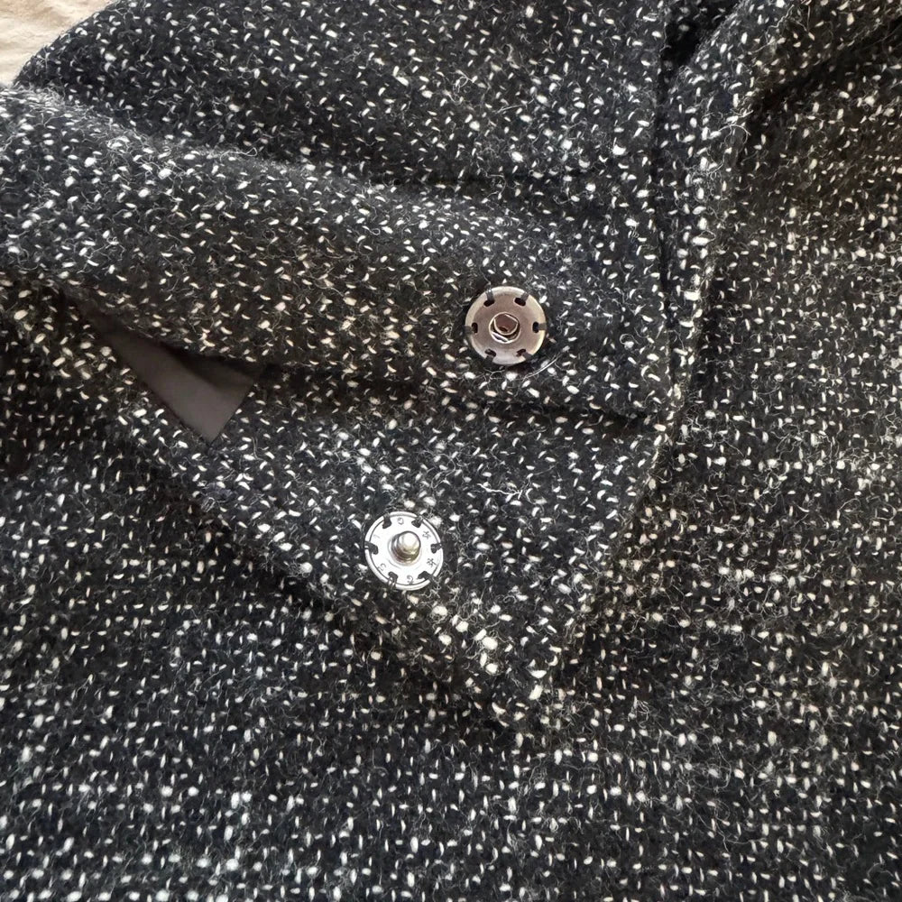 YOHJI YAMAMOTO JAPAN. COLLECTIONS. GRAY Tweed Button Snap Intentional Unfinished Hem