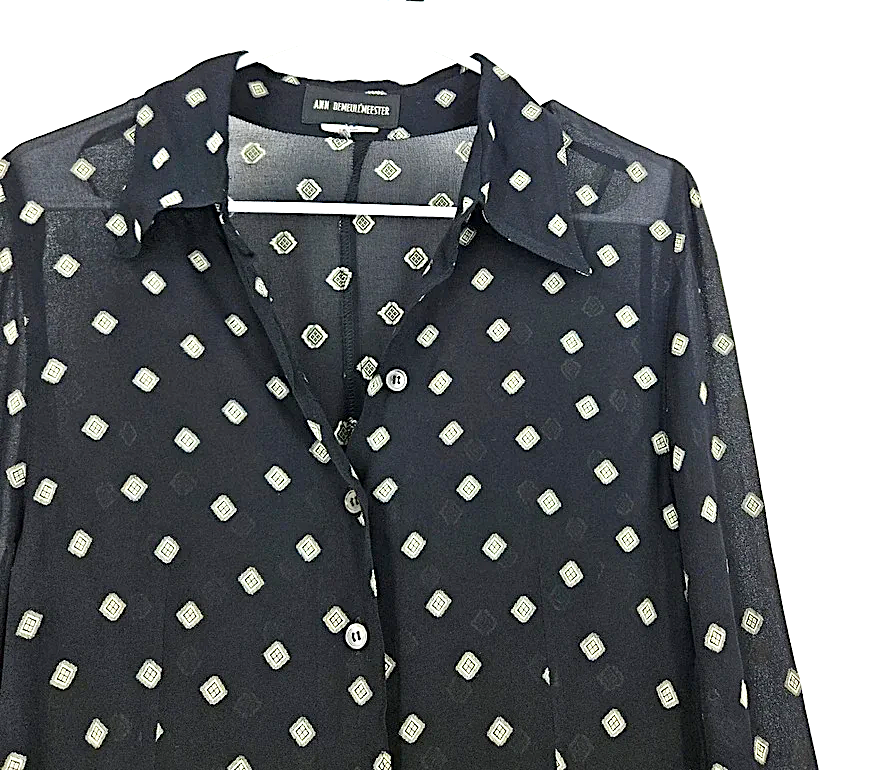 Ann Demeulemeester Belgium. Black Diamond Print Semi-Sheer Shirt Dress
