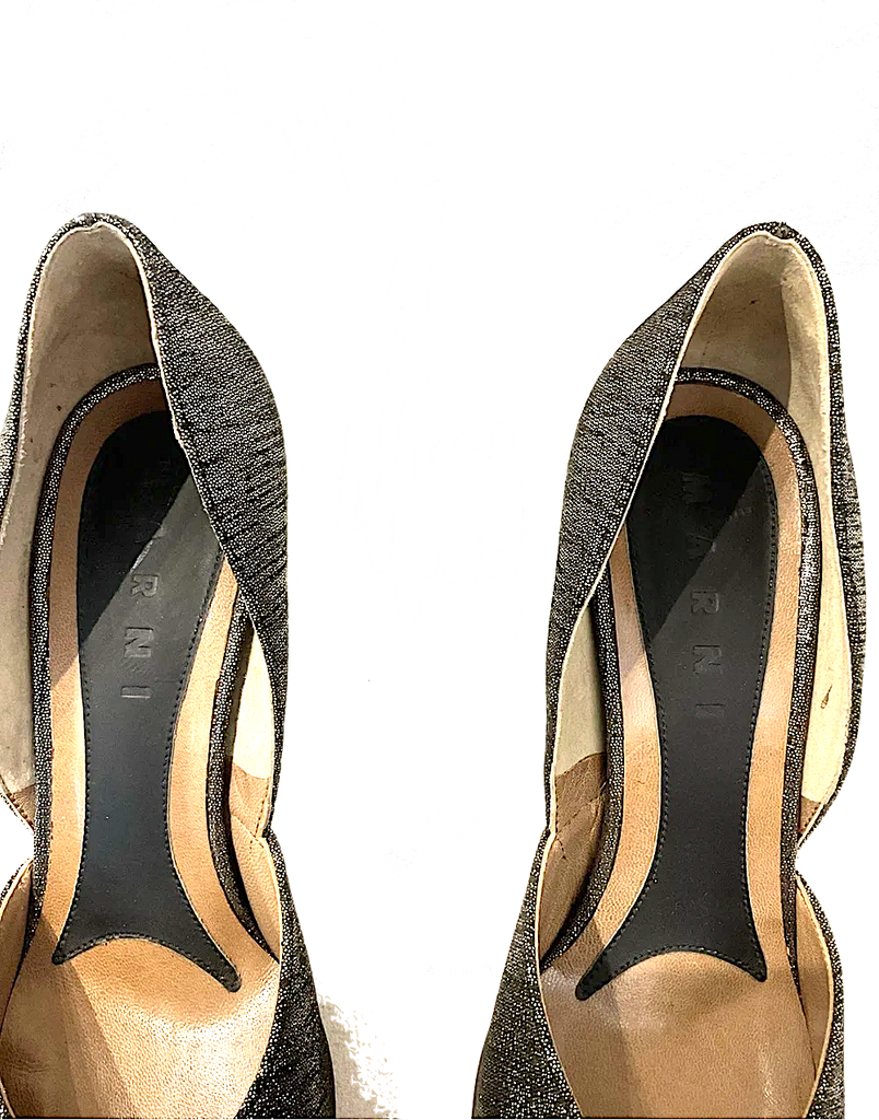 Marni Italy. Metallic Silver Block Heels/Bow Details   SZ 37
